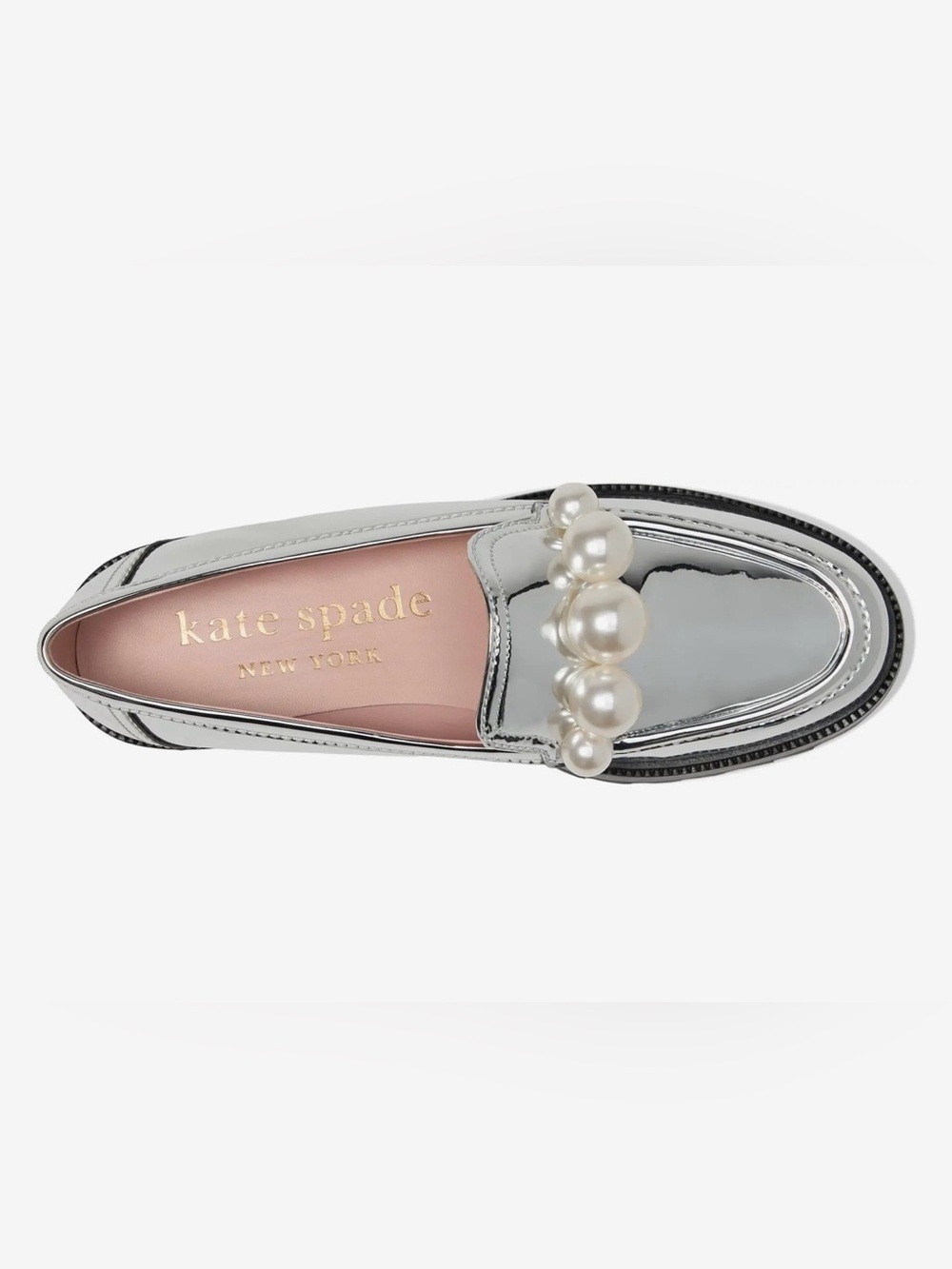 NWOT kate spade Metallic Silver Pearl-Trim Loafers - Picture 2 of 16